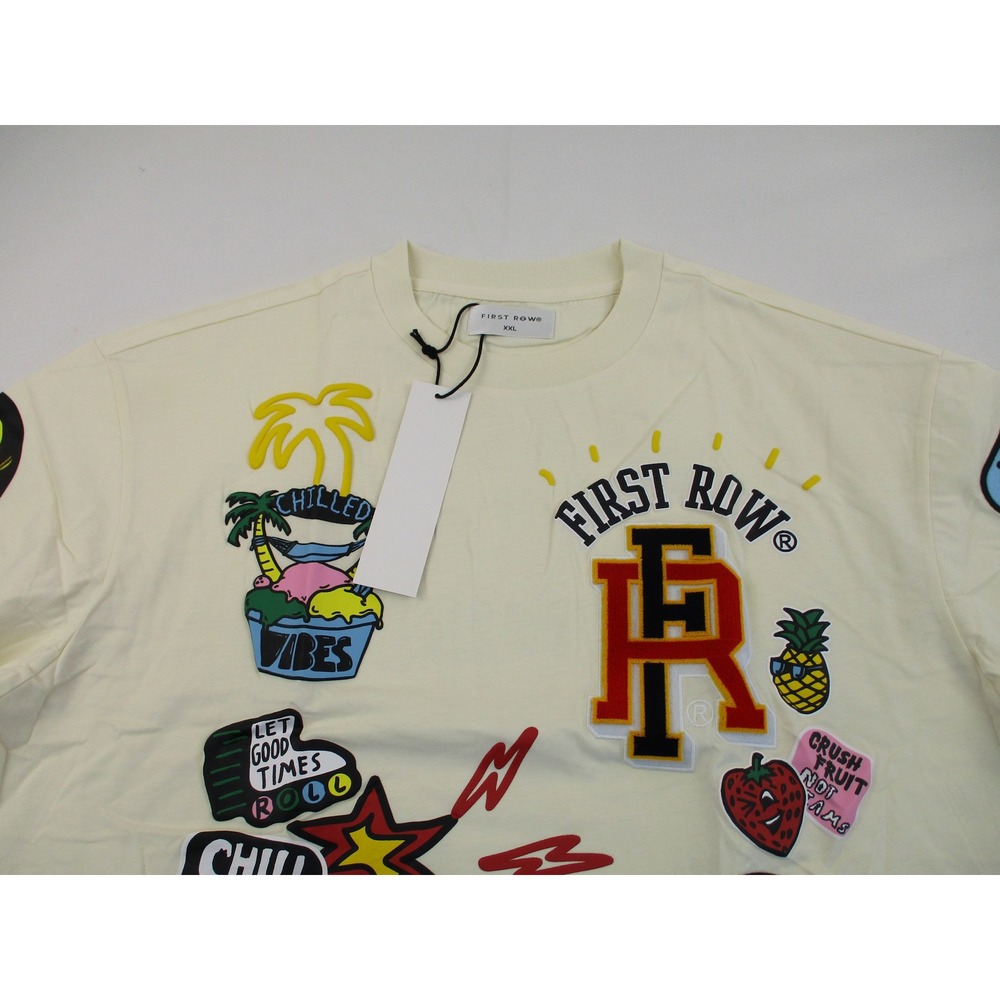 First Row T-Shirt Mens 2XL Beige Multi-Graphic Patch Varsity Streetwear Tee NEW - Picture 3 of 11